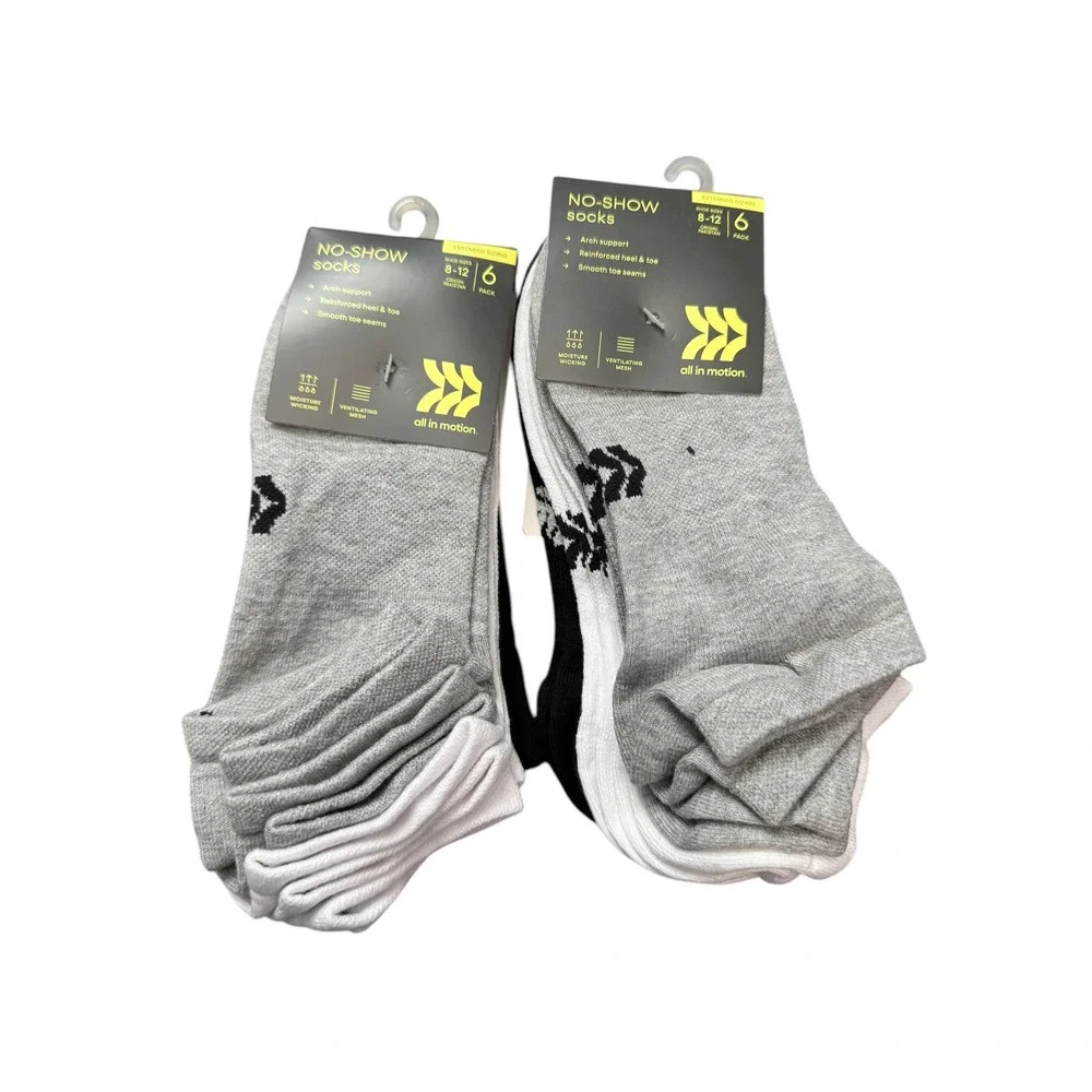 All In Motion Mens No-Show Socks 12 Pairs Black Gray White Shoe Size 8-12 2 Pack